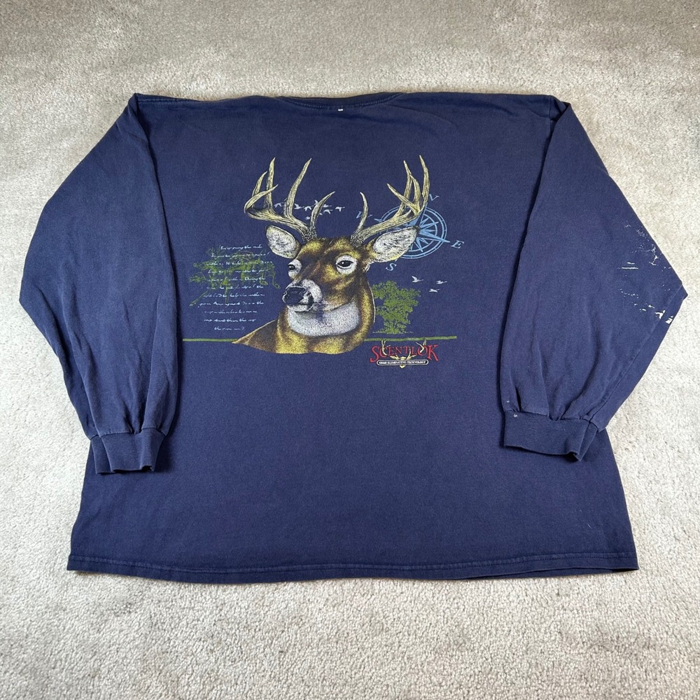 ScentLok Graphic‎ T-Shirt Mens 2XL Navy Blue Long Sleeve Deer Buck Hunting Tee